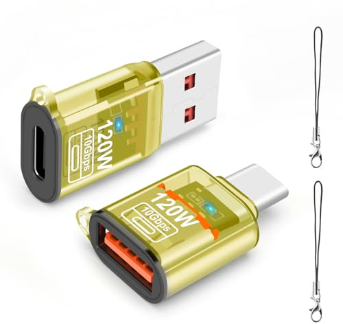 leizhan 120W USB-A a USB-C OTG (2 Pack) para Carga Rápida, Toma de Auriculares y Transferencia de Datos 3 en 1 - Amarillo Transparente