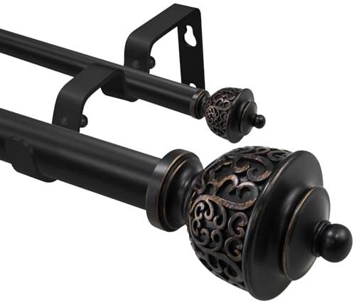 Barra de cortina doble negra de 1 pulgada con remates de estilo vintage, barras de cortina de tensión de 84 a 120 pulgadas para decoración de dormitorio y hogar