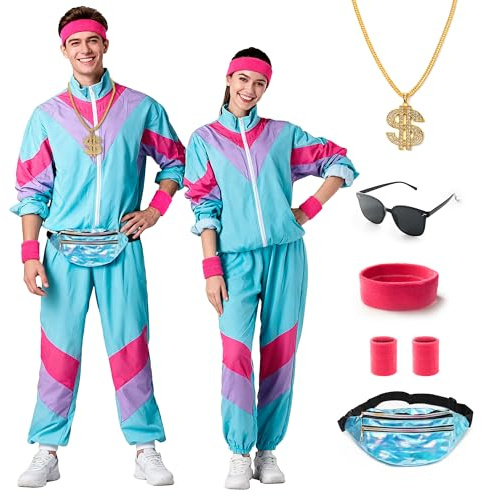 BUIKEC Déguisement Année 80 90, Survêtement de Sport Des Années 80, Tenue Pour Couples Pour Le Carnaval, Survêtement de Jogging, Tenue Pour Hommes des Années 80 (M)