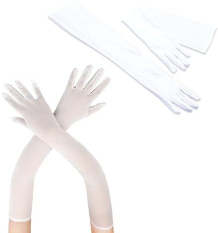 MniimaLuxe Guanti lunghi, in nylon, neri da donna, per matrimoni, balli, feste e feste in costume, feste, serate, guanti in rete, guanti neri, bianco, m