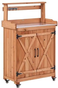 Banco da giardinaggio con contenitore 74 x 40 x 119 cm Piano di lavoro in ferro Mobili da giardino con ruote Legno di abete Marrone
