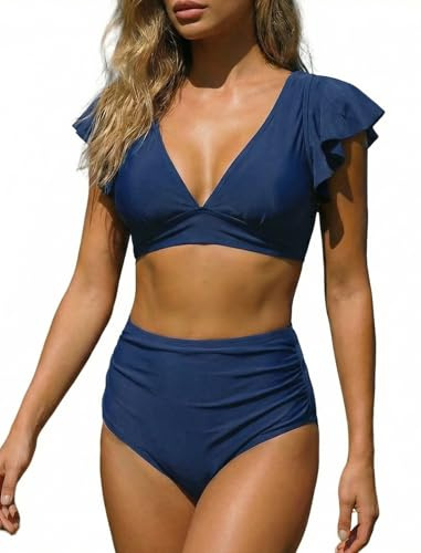 OUSIMEN Traje De Baño Dos Piezas para Mujer Cuello en V con Volantes Braguita de Cintura Alta con Efecto Abdominal Bikini Set