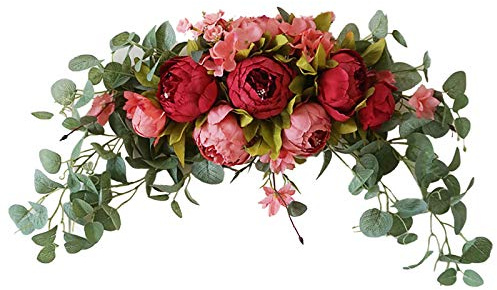 Fictory Festone di fiori artificiali in seta, decorazione vintage rossa da appendere alla parete, 75 cm, composizione floreale per interni ed esterni, decorazione per caminetto matrimonio