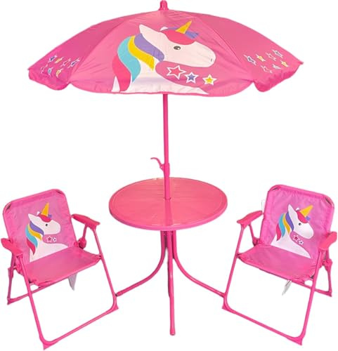 ALUNA Kids Table and Chair Sets Unicorn Pink Patio Set Kid's Garden Furniture 4-Piece Kids Patio Set With Table, 2 x Chairs, Adjustable Parasol Unicorn Design For Children (Pink)