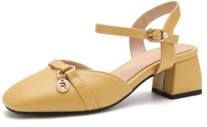 Genérico Mujer Sin Talón Sandalias Verano Punta Cuadrada Slingback Zapatos Tacón Bloque Grueso Hebilla Tobillo Ajustable Decoración Charm Metálico Vestido,Amarillo,37 EU