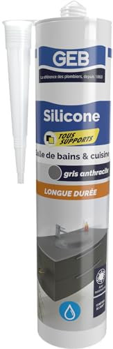 GEB Silicone sanitaire tous supports couleur gris anthracite pour l'étanchéité sanitaire. Anti-moisissures, sans odeur et longue durée - 280 ml