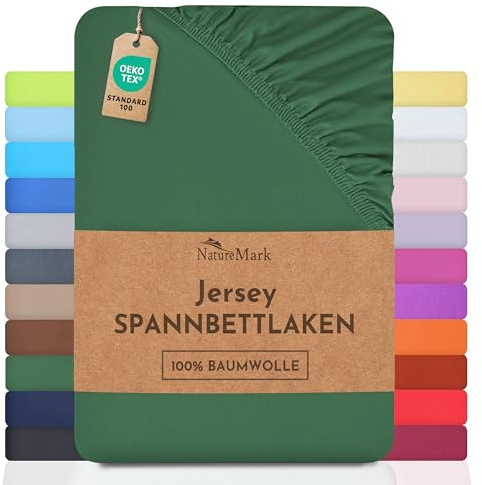 NatureMark Jersey Spannbettlaken, Spannbetttuch 100% Baumwolle in vielen Größen und Farben MARKENQUALITÄT ÖKOTEX Standard 100 | 90 x 200 cm - 100 x 200 cm - dunkel grün