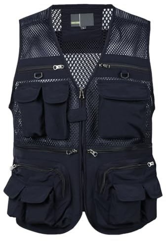 HZQIFEI Uomo Gilet da Pesca Multitasche Giubbino da Lavoro Smanicato Traspirante Outdoor Vest JRC Safari Giacche Gilet MJ08 (Blu Scuro, XXL)