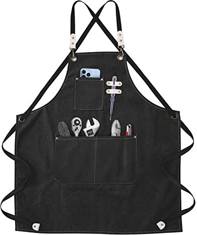 Tablier de Travail Hommes/Femme, Outil Tablier de Cuisine Sangle Ajustable Toile avec 3 Poches, Tablier d'Atelier de Menuiserie pour Barbeque Baker Menuiserie Tatoueur Barber Barman Peintre - Noir