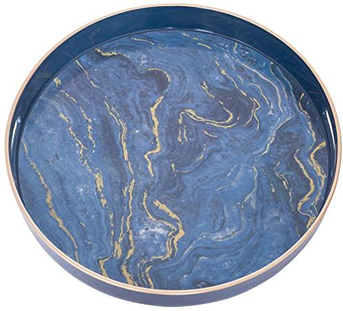 MAONAME Rundes dekoratives Tablett, Kunststoff-Serviertablett mit Griffen, Marmoriertablett und Couchtisch für Ottomane, Küche, Bad, Größe 33 cm, Blau