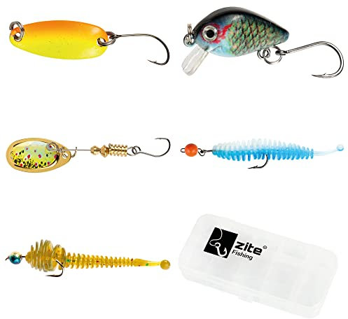 Zite Fishing Forellenköder-Set – Wobbler Spinner Lamellen Gummiwürmer Tungsten Jighaken & Forellen Spoon – Forellen-Angeln Köderbox