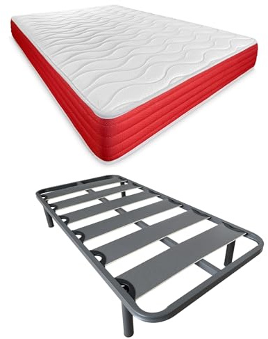 DUÉRMETE Online Lit Complet avec Matelas Lite réversible (Face Hiver/été) + sommier renforcé 40 x 30 mm avec 4 Pieds métalliques filetés, 90 x 190 cm