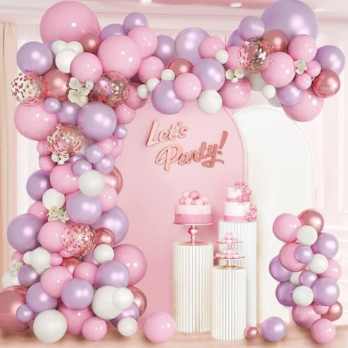 Luftballon Girlande Rosa Lila, 130 Stück Ballon Girlande Rosa Lila Weiß, Luftballons Geburtstag Party Deko mit Metallic Rosa Gold Ballons für Baby Shower, Babyparty, Hochzeit, Brautparty