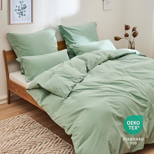 Blumtal Ropa De Cama 135x200 Cm Algodón 100% - Certificación OEKO-TEX - Diseño Lino - Stone Washed Verde - Funda Nórdica 135x200 Y Almohada 40x80