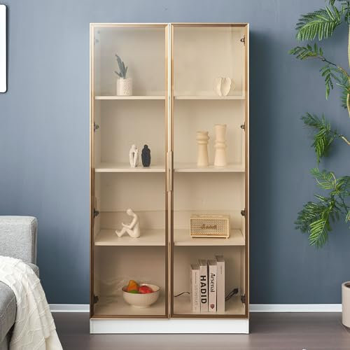 Moimhear Vitrina de cristal blanco con iluminación LED de 16 colores, vitrina de doble puerta con estantes móviles, 80x40x160 cm, armario alto para salón, vitrina de pie