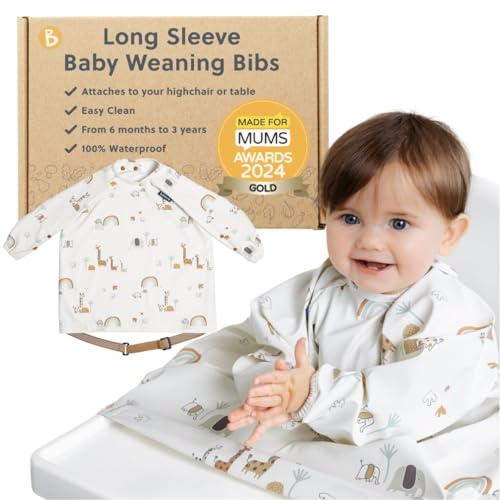 BIBaDO - Long Sleeve Baby Bibs - Babies & Toddlers 6-36 Months - Coverall Baby Weaning Bib - Easy Wipe Clean & Soft Fabric - Attach to Highchair & Tables - Waterproof - Machine Washable - Baby Gifts