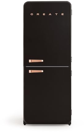 CREATE /RETRO FRIDGE COMBI 185 ROSE GOLD/Frigorifero combinato nero con maniglia oro rosa e congelatore, capacità 401L / 190W, No Frost, 3 ripiani, 2 cassetti, dimensioni 70x65x185 cm