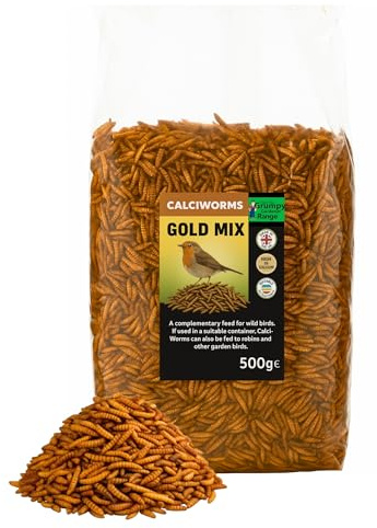 Grumpy Gardener Dried Calciworms - Gold Mix Calci Worms, Rich in Calcium and Protein, Ideal Mealworm Alternative for Bird Food, Hedgehogs, Hamster, Squirrels, Robins, Blue Tits, Sparrows - 500 Grams