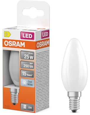 OSRAM Lampe LED forme étoile bougie B25 filament, 4000 K blanc froid, 1,8 W, E14, dépolie, 250 lm, 15 000 h, pour lieux de travail, lustres, non éblouissante
