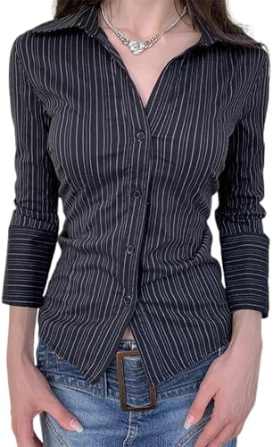 ensswliz Women's Button Down Shirt Casual Long Sleeve Slim Fit Striped Blouse Collared Gingham Office Work Shirt Top (A-Black, S)