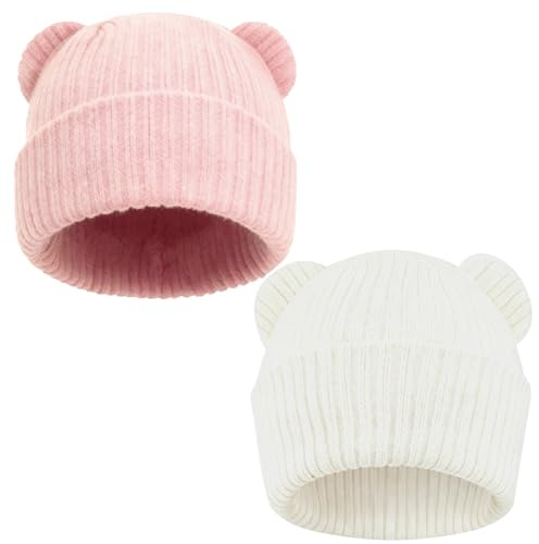 Yxelydriail 2 Pcs Kids Winter Hat, Warm Baby Beanie Hat,Soft Knit Cute Bear Ears Winter Beanie Hat for Boys Girls Warm (UK, Alpha, One Size, White+Pink)