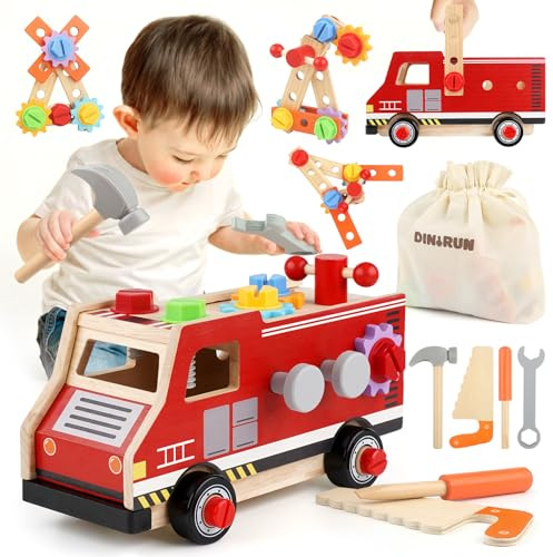 DINORUN Outils Enfant Jouet en Bois, Boite a Outils, Camion de Pompier Voiture Enfant, Montessori Jeux, 47 Pièces Jeux avec Boîte à Outils, Cadeau Garcon Fille 3 4 5 Ans