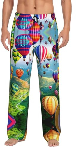 Pantalones de pijama para hombre con estampado de globos aerostáticos, estilo de ropa de descanso suave e informal, cordón ajustable y bolsillo, Negro, M