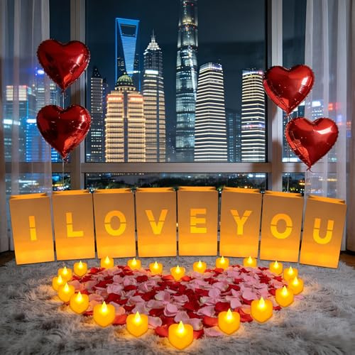 LACGO Valentines Decorations,I Love You Sign,Light Up Letters with 8pcs Luminary Bags,24pcs Tea Lights,1000pcs Red&Pink Rose Petals,I Love You Banner,Surprise Set for Women and Men