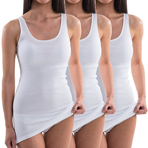 HERMKO 1317 3-Pack Ladies' Extra-Long (Approx. 10 cm+) Vest of 100% bio-Cotton, Colour:White, Size:14/16 (M)