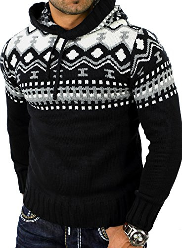 Reslad RS-3013 Pull d'hiver norvégien à capuche | Pull en tricot pour homme - Noir - Large