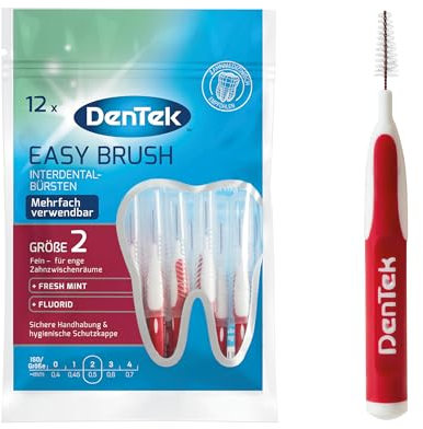 DenTek Stk. Dentek Easy Brush Interdental-Bürsten, ISO/Größe 2, fein - für enge Zahnzwischenräume, mit Minzgeschmack & hygienischer Schutzkappe Red 12 Stück (1er Pack)