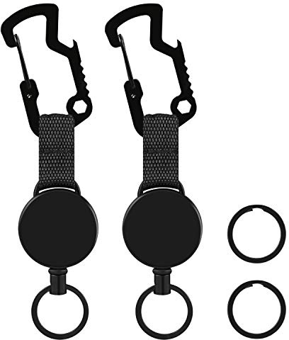 2 Pack Retractable Key Chain Heavy Duty Badge Holder Reel with Multitool Carabiner Belt Clip and Key Ring for Key Holder, Steel Wire Cord Up to 23.5 inch