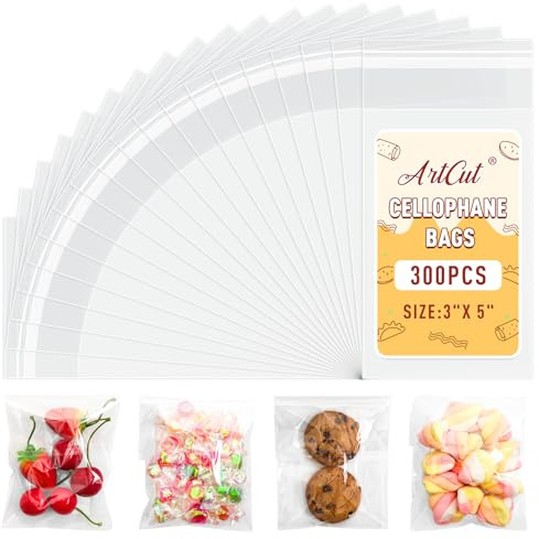 ARTCUT 300 Pcs Cellophane Bags, 3 X 5 Cookie Bags, Self-Adhesive Opp Bag