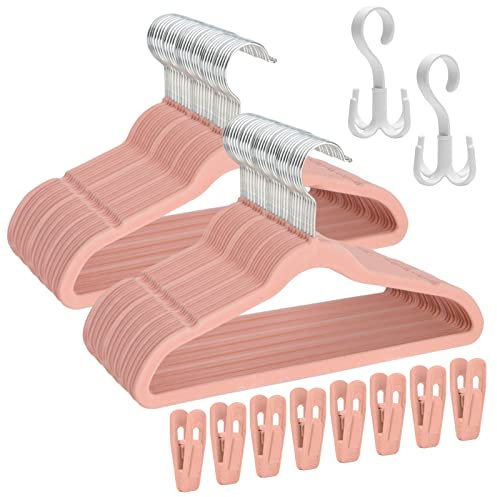 Tinfol Pink Kids Velvet Hangers 60 Pack, 35cm Anti-Rutsch-Baby-Bügel mit 8 Velvet Hanger Clips, platzsparende Ultra Thin Kleiderbügel für Kinderkleidung, Neugeborenen-Kleidung, Kleinkinder-Kleidung