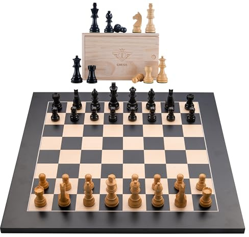 Jeu d’Échecs en Bois 50 x 50 cm, Grand Échiquier Noir en Érable Marqueté, Pièces Sculptées Lestées Feutrées, Roi 82 mm, Coffret avec Rangement, Engelhart - 170492