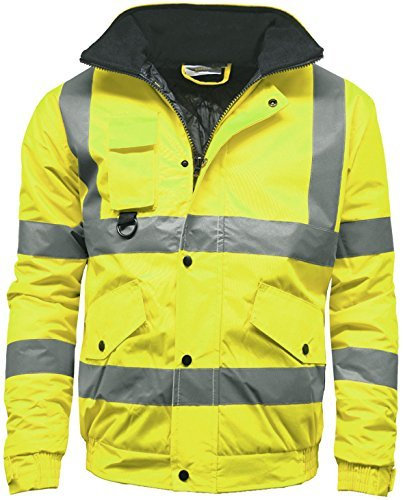 Golomak® Hi Vis Viz Bomber Jacket High Visibility Workwear Safety Security Hooded Padded Waterproof Taped Seams Work Wear Coat Top (Yellow, Large)