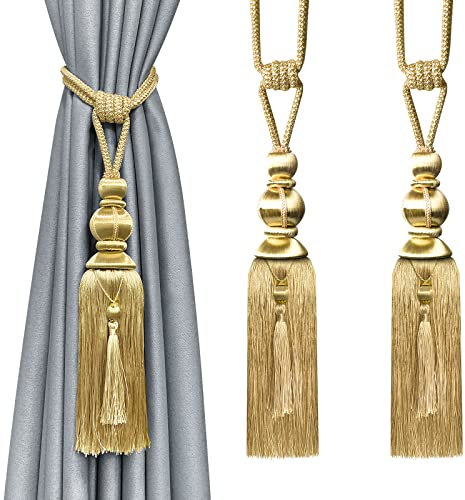 Vorhang-Raffhalter, goldfarben, Quasten-Raffhalter für Vorhänge, groß, dekorativ, handgefertigt, geflochtene Fransenquasten-Halter, 2 Stück