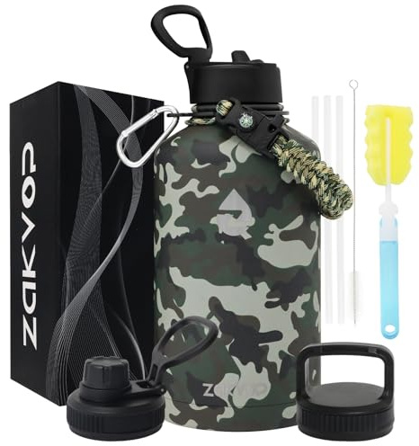 ZAKVOP Thermosflasche, 2L Trinkflasche Edelstahl mit Strohhalmen und 3 Deckeln, Trinkflasche Thermo mit Paracord Griff, Thermoskanne 2 Liter mit Flaschenbürsten für Fitnessstudio (Camouflage)