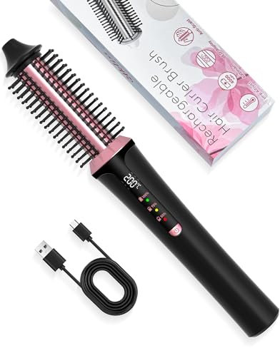 Thermal Brush Cordless, 22 mm USB Rechargeable Hot Brush, 3 in 1 Round Hair Brush-Volumizer Curl Hot Comb for Styling, 3 Temp Levels, 320°F- 395°F (Black)