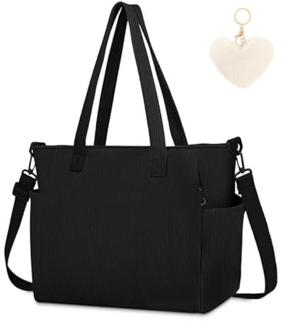 Aucuu Bolso de Mano de Pana, Tote Bag para Mujer, Bolso de la Compra con Cremallera, Bolso de Hombro Grande con Correa de Hombro Desmontable para Compras Colegio Trabajar Viajar Negro