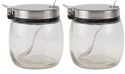 MAGICLULU Seasoning Jar with Spoon Set Clear Glass Spice Storage Jars 7X7X8Cm Stainless Steel Lids 200Ml Airtight Salt Container with 2 Metal Spoons for Kitchen Condiments