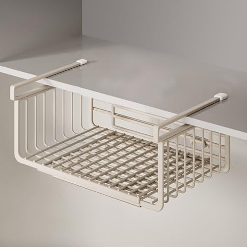 Janebert Extendable Under Shelf Storage Basket, Hanging Baskets Under Cabinet Shelf Organizer, for Cabinet Pantry Kitchen Cupboard Desk Counter Bookshelf Organization Space Saver Heavy Duty Slide-in