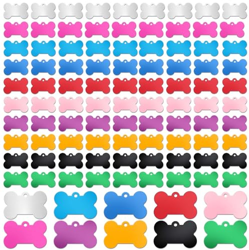 MBAIYO 100 Pcs Blank Dog Pet Tags for Engraving, 38mm Aluminum Bone Shape Name Tag Colorful Double Sided Dog Tag Dog Cat Phone Number Tag Pendants ID Tag Charm for Pet