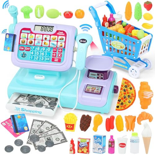 Registratore di Cassa Giocattolo per Bambini, con Supermercato, Scanner, Calcolatrice, Microfono e Soldi Finti - Giochi di Ruolo Educativi con Suoni Bambini 3 4 5 6 Anni