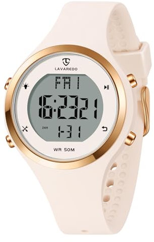 caprock Digitaluhren für Damen mit LED-Anzeige, 5 ATM wasserdichte Damen-Sportuhr, modische Armbanduhr mit Alarm/Stoppuhr/Leuchtend/Countdown/Datum,Off-White, Roségold