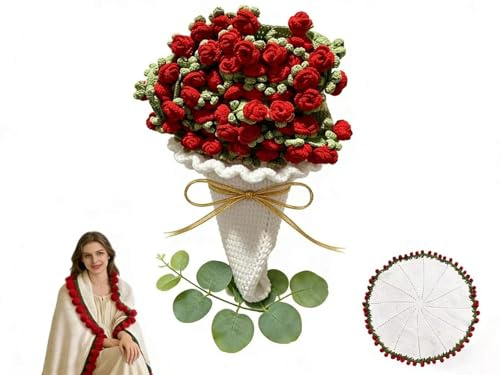 MARUKO Rosenstrauß-Decke,Valentinstag，handgehäkelt, 100cm, Geschenkidee DIY Rosen-Decke Geschenk zum Neujahr,Muttertag,Weihnachten,Erntedankfest, Geburtstag (Fertig, Rot)