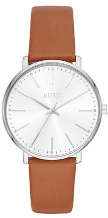BUREI Frauen Uhren Mode Minimalistisch Analog Leder Quarz Wasserdicht Uhren für Frauen (Weiß - Silber - braun)