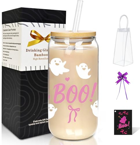 Mason Life Halloween Mug, Halloween Boo Gifts, Cute Iced Coffee Cup Ghost Cup Matcha Glass Tumbler with Straw and Lid Matcha Glass, Gift for Women Girls Friends