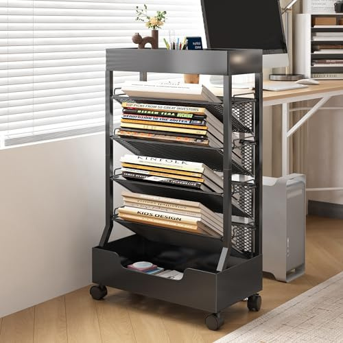 Ornestia Metal Book Trolley, Mobile Storage Bookcase with Wheels(Black) | 6-Tier Bookshelf, Rolling File Cart for Office Library School Classroom Living Room