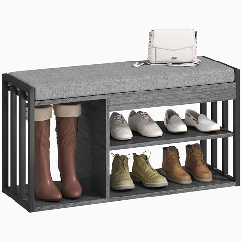 HOMCOM Schuhbank Schuhregal mit Sitzfläche gepolstert Sitzbank mit Stauraum, 3 Fächer Flurbank für Wohnzimmer, Flur, 86 x 30 x 45,4 cm, Grau